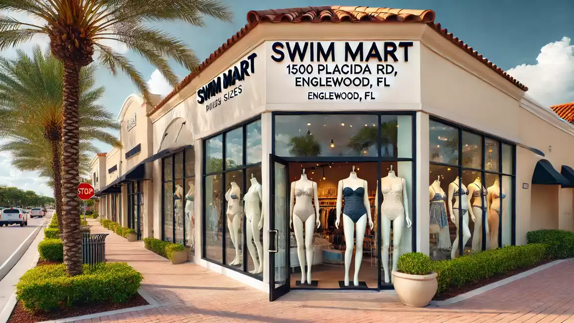 Exterior view of a store named Swim Mart with mannequins in swimwear. The store is located on a street corner and has large glass windows.