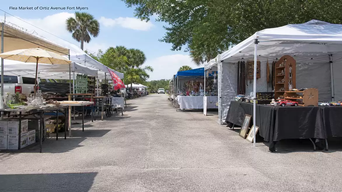 A flea market with various stalls under tents on a wide street under a blue sky.