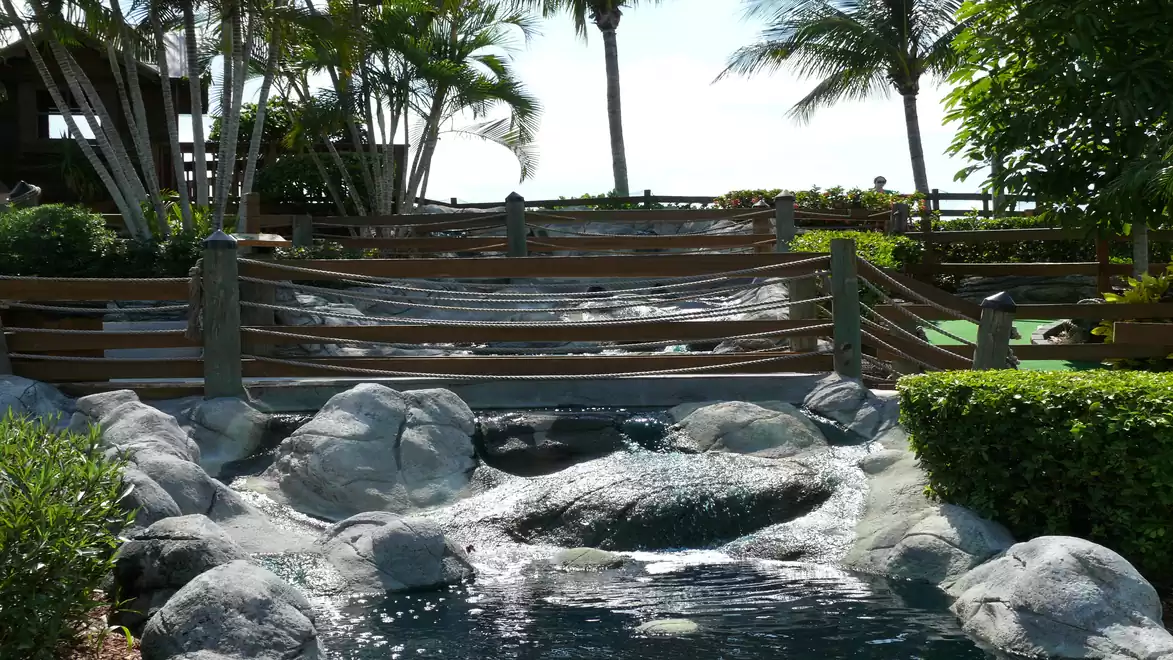Idyllic scene of a small waterfall in a tropical garden with palm trees and stone bridges.