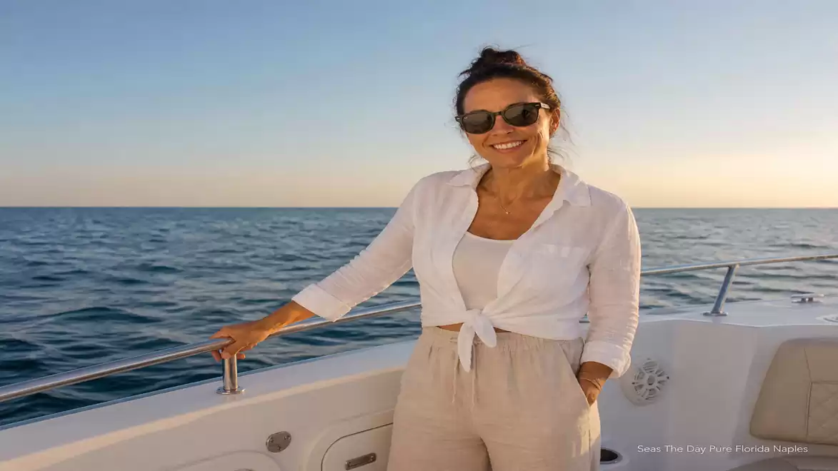 Woman with sunglasses and a white shirt on a boat at sunset overlooking the sea.