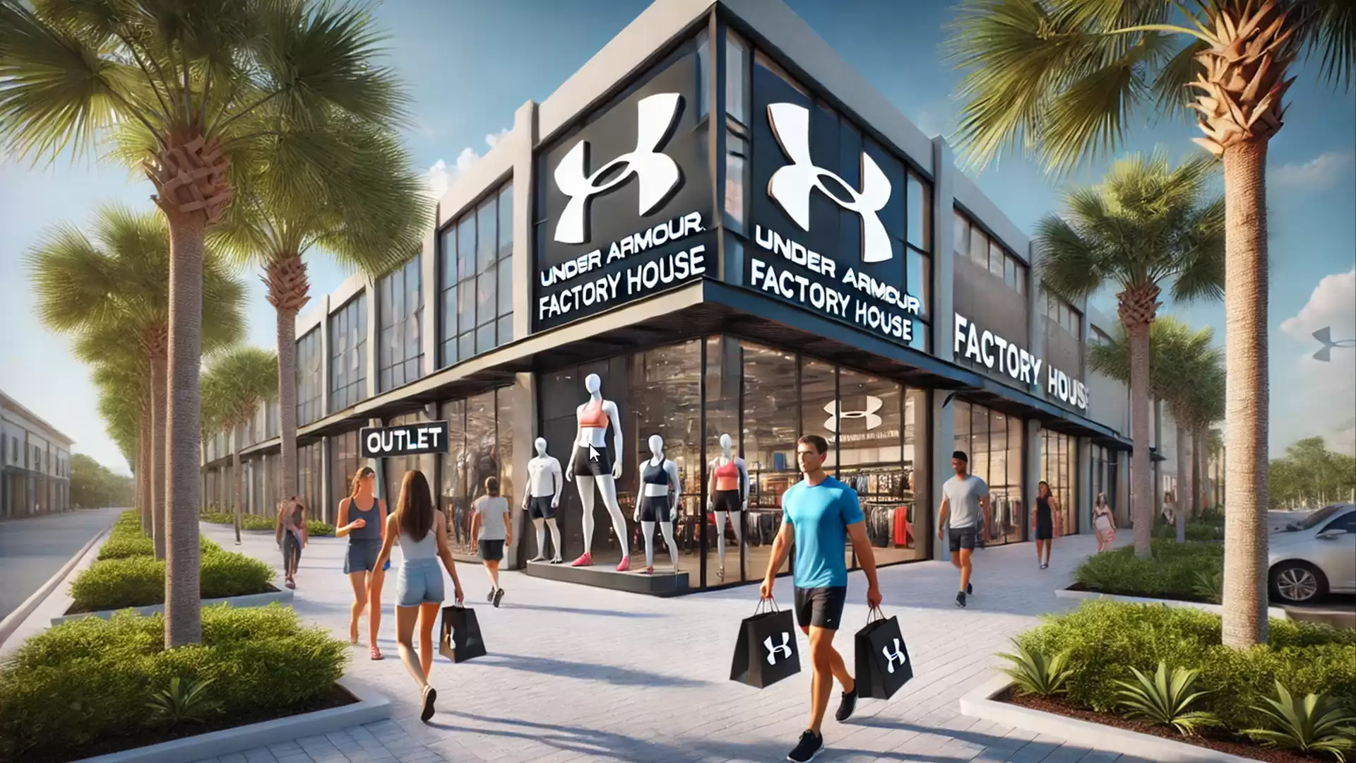 A modern Under Armour factory outlet with large logos and pedestrians carrying shopping bags.