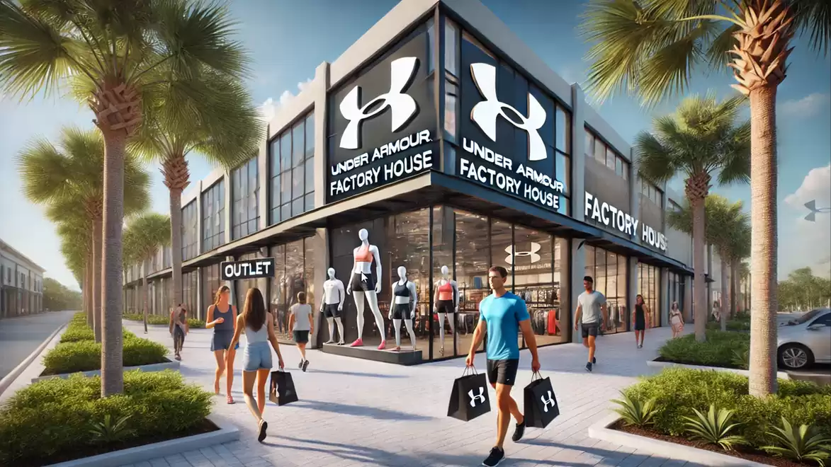 A modern Under Armour factory outlet with large logos and pedestrians carrying shopping bags.