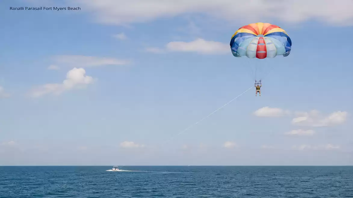 Person parasailing over the sea under a colorful parachute, with a boat in the background under a clear sky.