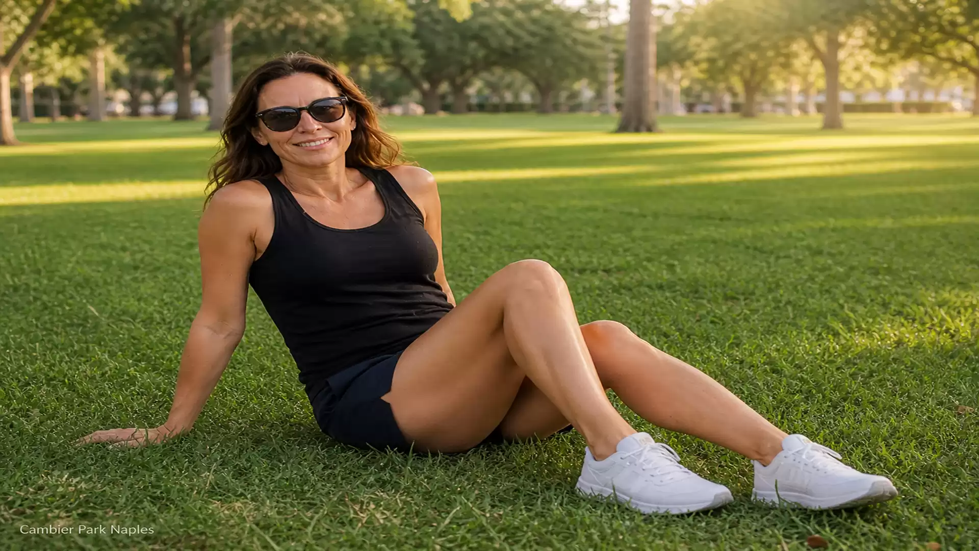 Smiling woman with sunglasses sitting on the grass in the park at sunset.