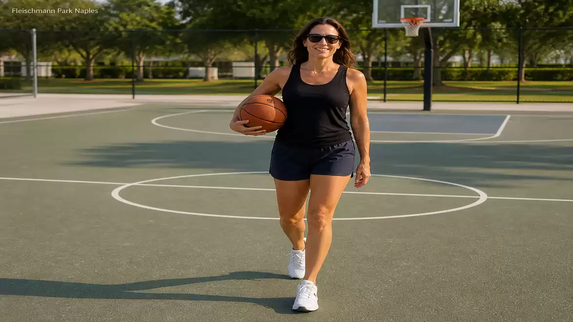 A woman in sportswear walks on a basketball court holding a basketball.