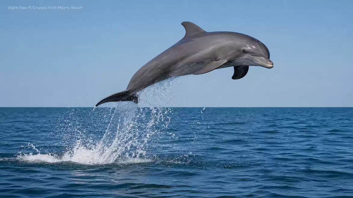 A dolphin jumps out of the water in a clear blue ocean.