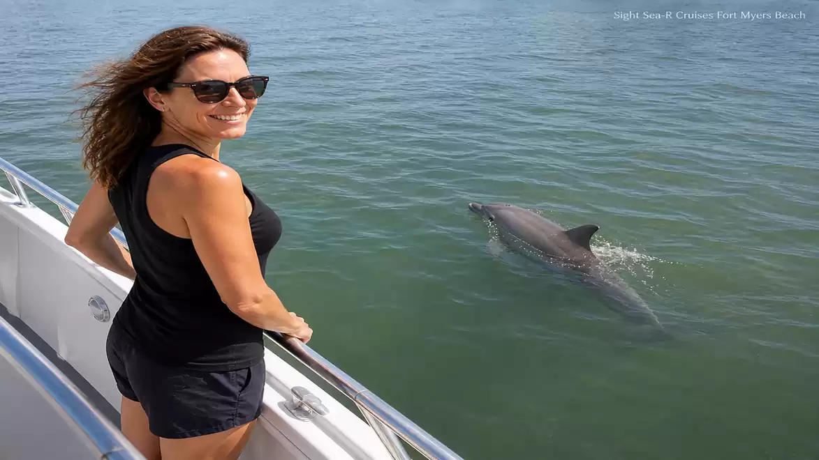 Woman standing on a boat looking at a swimming dolphin in the sea.