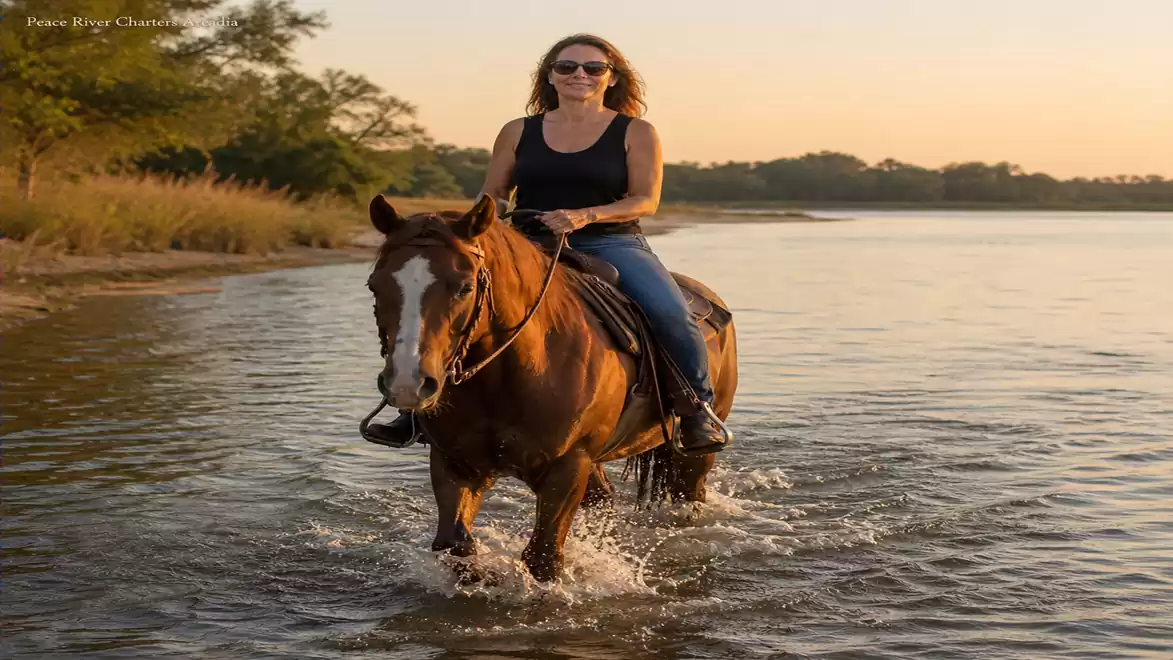 Woman riding a brown horse through shallow water at sunset.