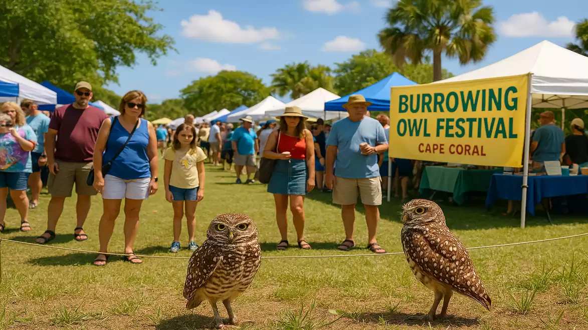 Visitors enjoy the Burrowing Owl Festival in Cape Coral as two owls stand in the foreground.