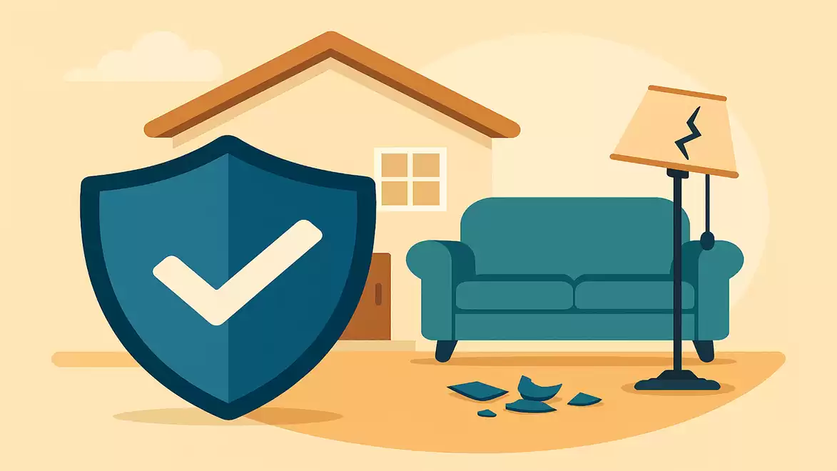Illustration of a secure house with a blue sofa, a broken lamp, and a protection symbol.