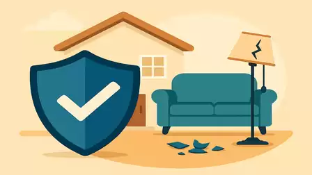 Illustration of a secure house with a blue sofa, a broken lamp, and a protection symbol.