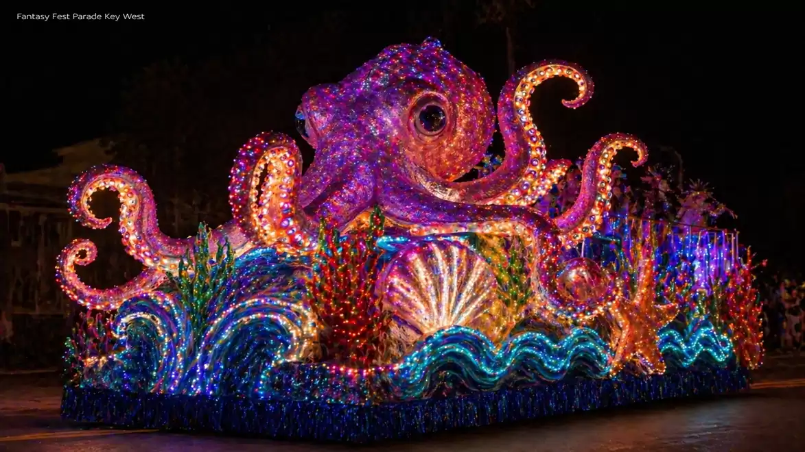 Float with a glowing octopus, decorated for a night parade.
