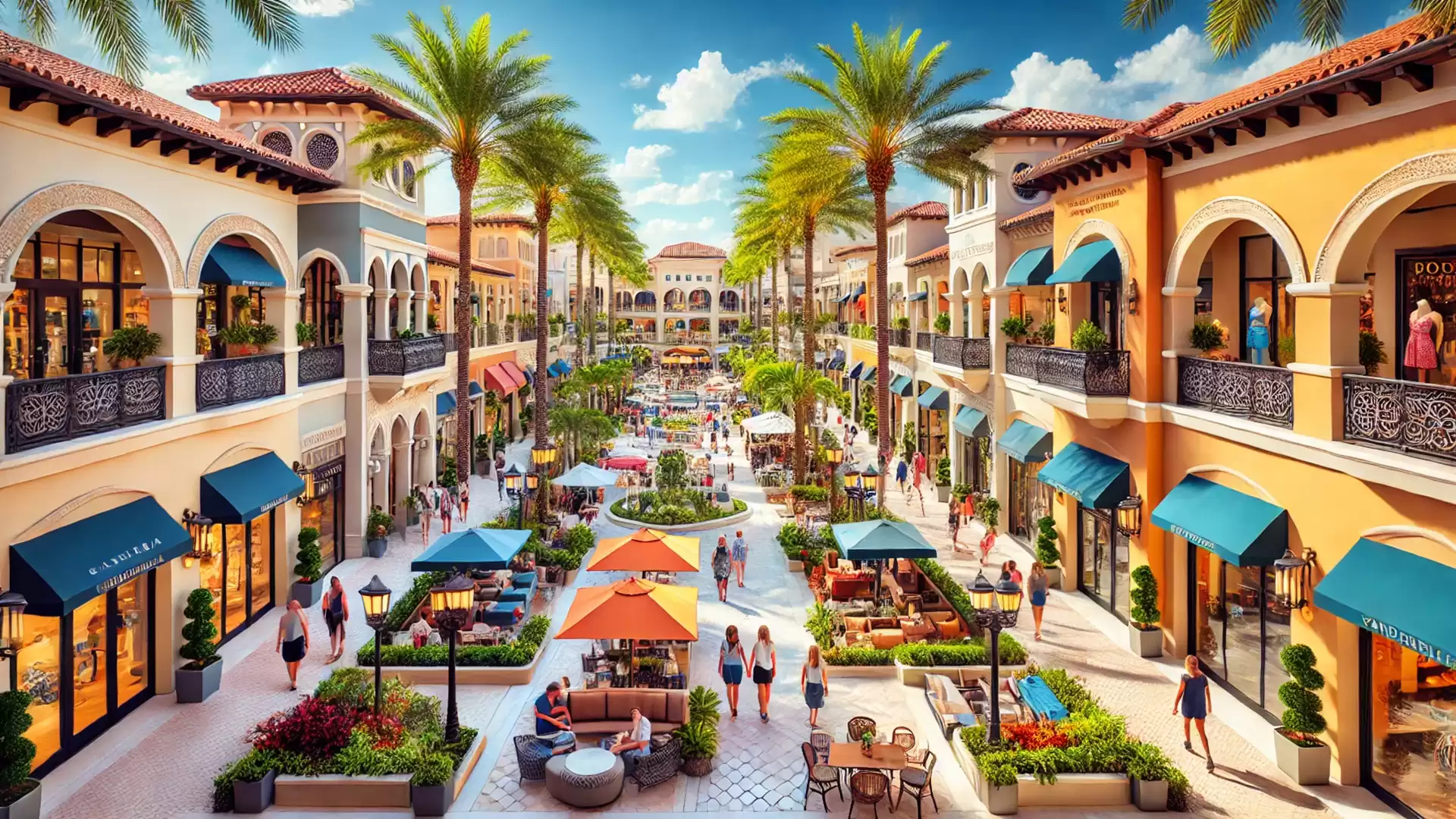 A vibrant outdoor shopping area with palm trees, colorful umbrellas, and boutiques.