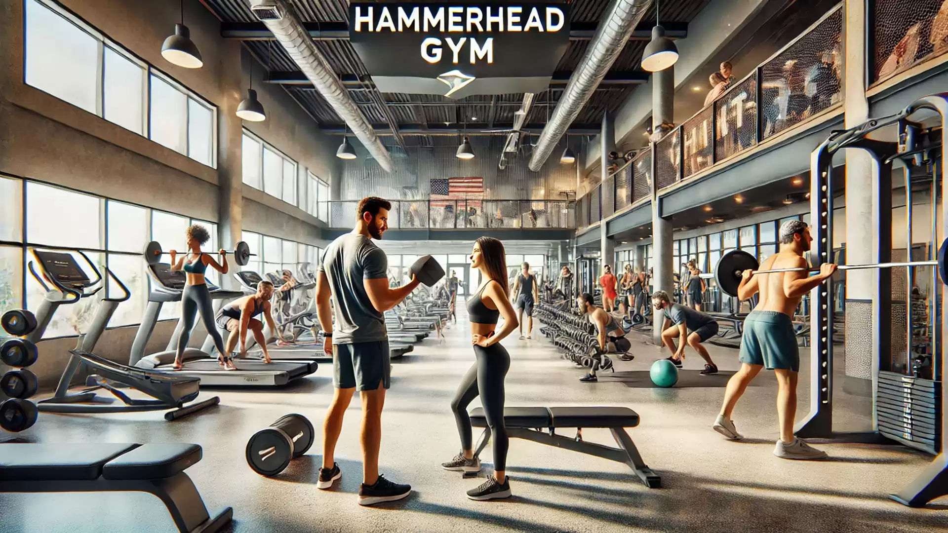 A modern gym filled with people doing various exercises. In the foreground, two people are standing and talking. The 'Hammerhead Gym' logo is visible at the top.