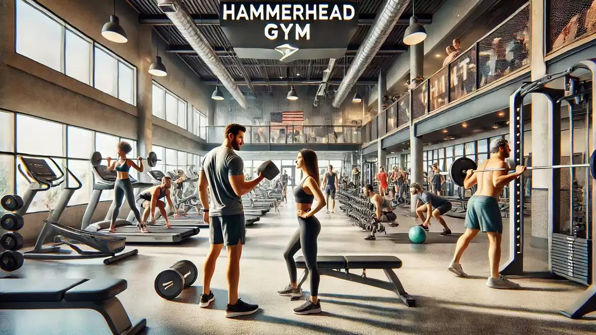 A modern gym filled with people doing various exercises. In the foreground, two people are standing and talking. The 'Hammerhead Gym' logo is visible at the top.