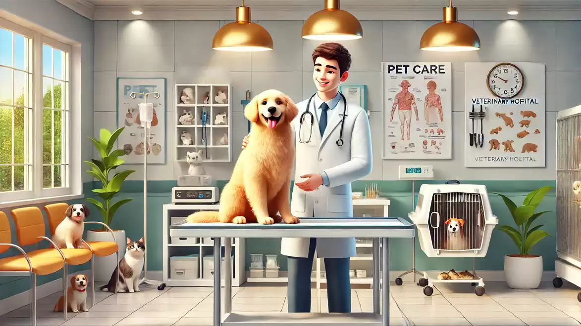 A veterinarian examines a cheerful dog in a modern veterinary clinic, surrounded by medical posters and pets.