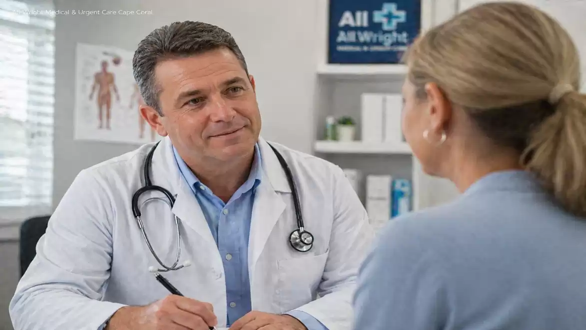 Doctor in a white coat speaking with a female patient in an office.