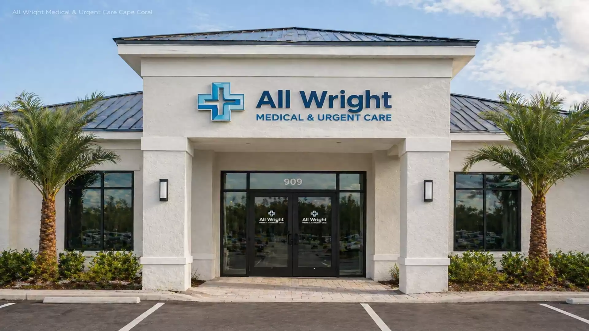 Exterior view of a modern medical facility with the sign 'All Wright Medical & Urgent Care', flanked by palm trees.