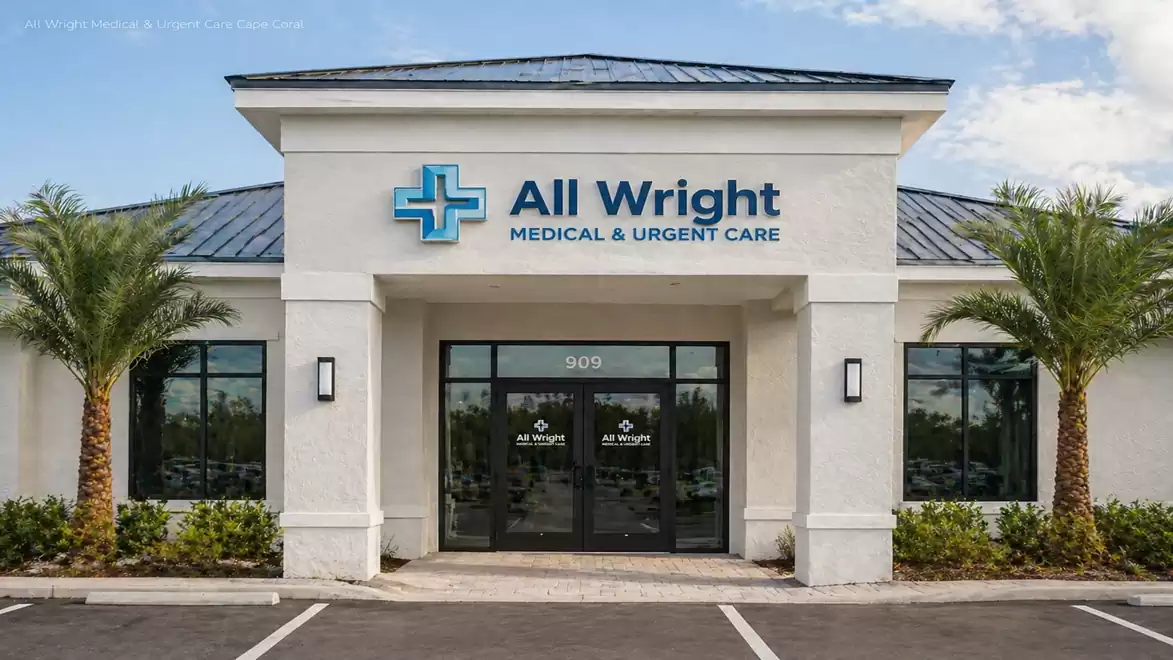 Exterior view of a modern medical facility with the sign 'All Wright Medical & Urgent Care', flanked by palm trees.