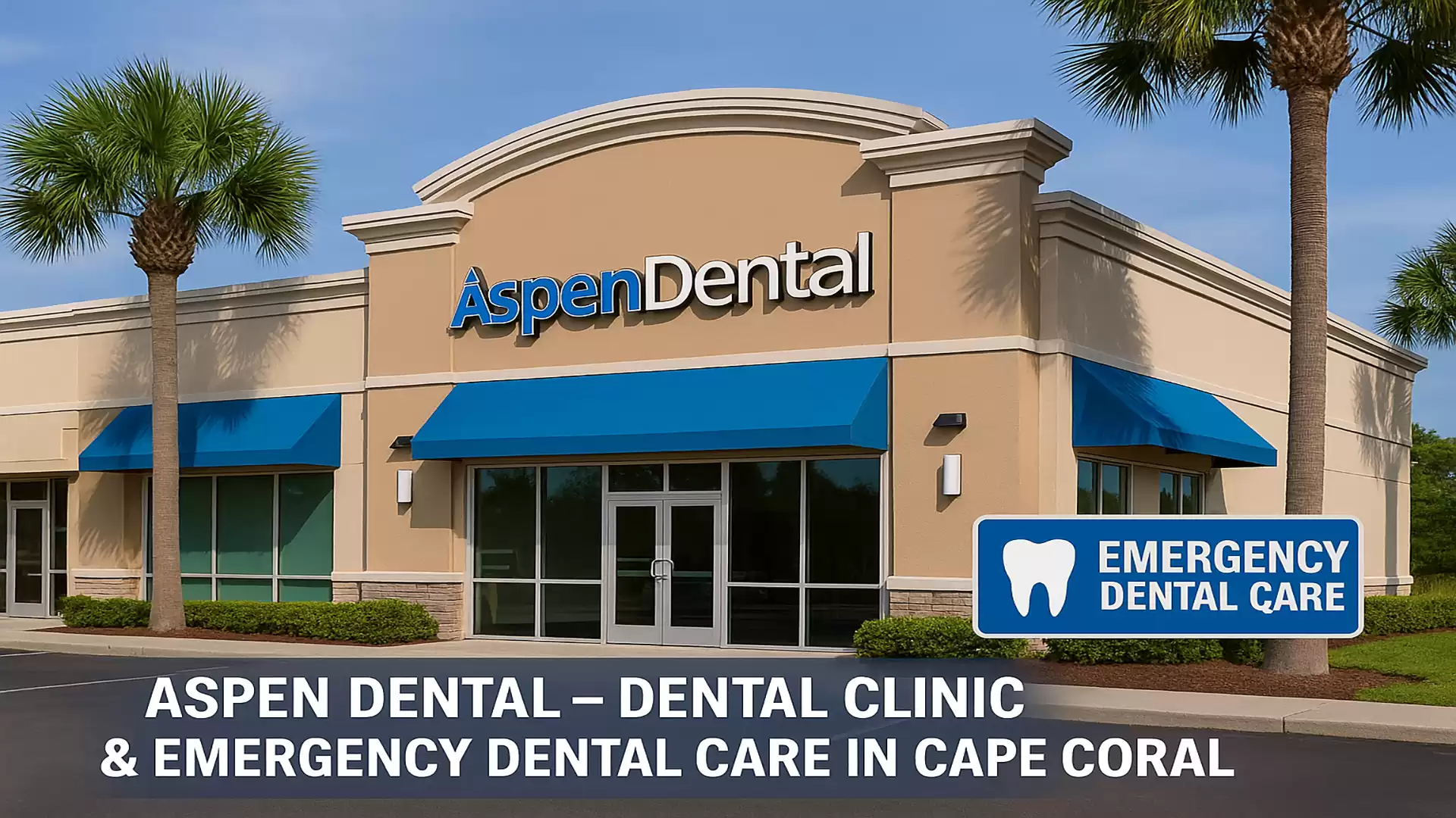 A modern Aspen Dental building in Cape Coral with blue awnings and a sleek facade. The sign indicates emergency dental care.
