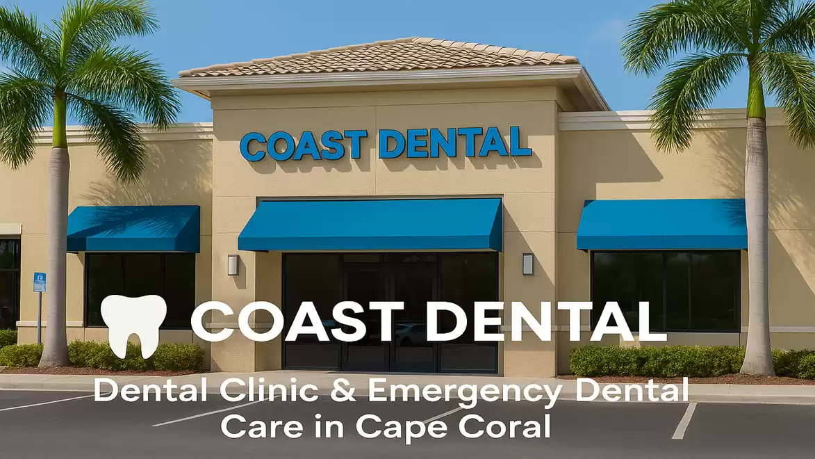 Exterior view of a dental clinic with blue awnings and tropical palm trees.