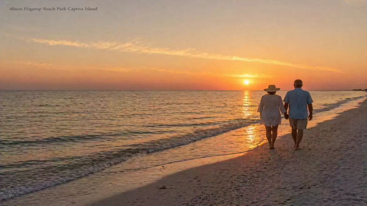 A couple walks hand in hand along the beach at sunset, as the sun sets behind the sea.