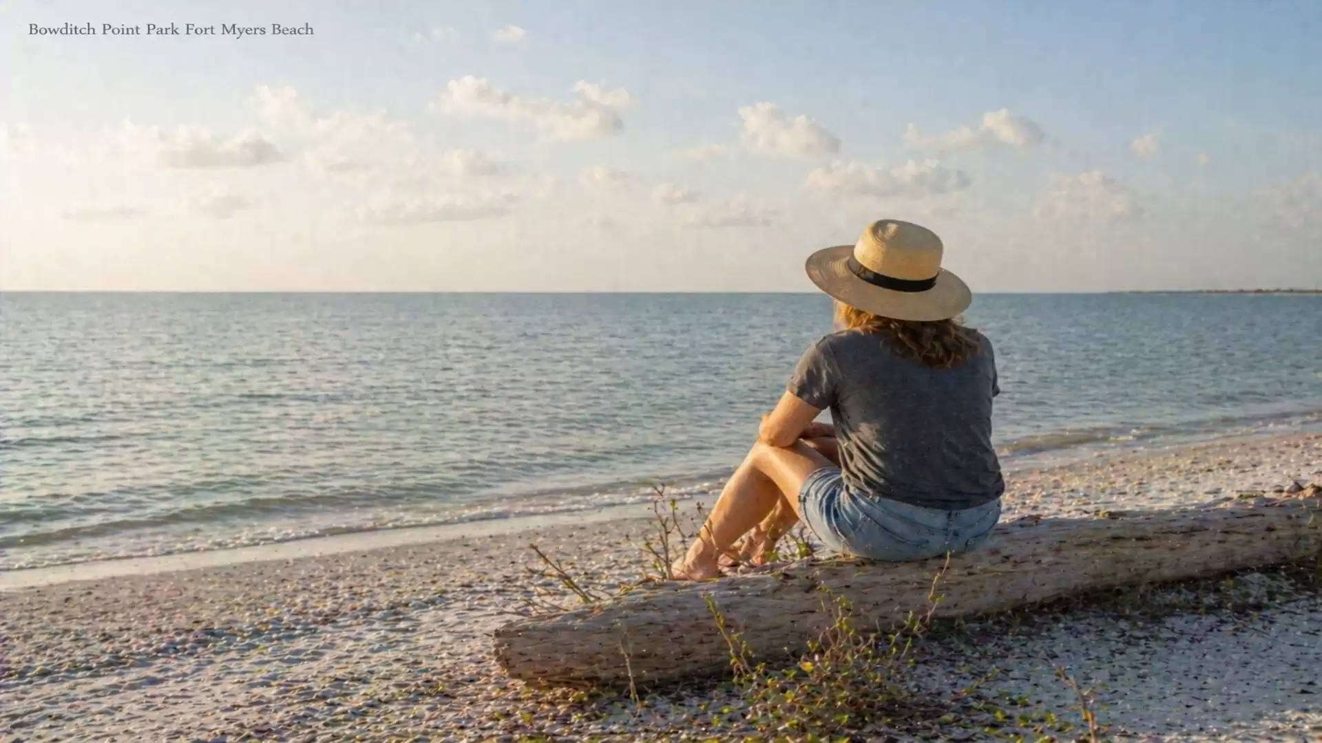 Person wearing a hat sits on a log at a pebble beach, looking at the sea during sunset.