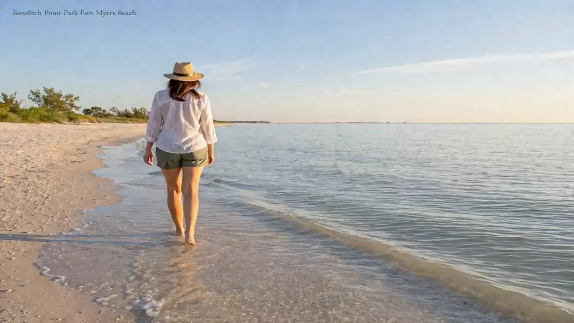 Woman with straw hat walking along the beach, the calm sea glistening under the sun.