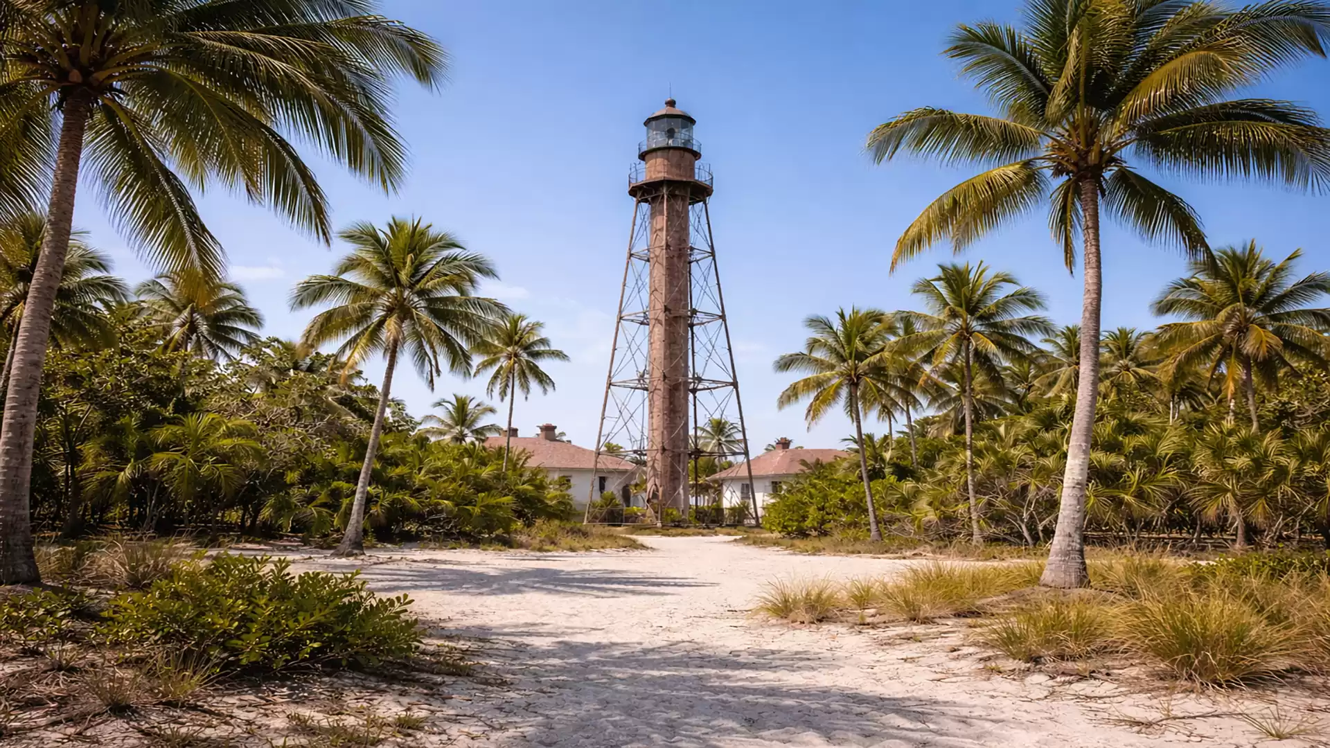 A picturesque beach with a tall lighthouse surrounded by palm trees under a blue sky on Sanibel Island.