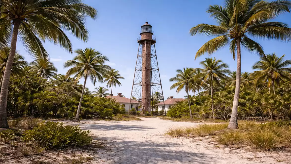 A picturesque beach with a tall lighthouse surrounded by palm trees under a blue sky on Sanibel Island.