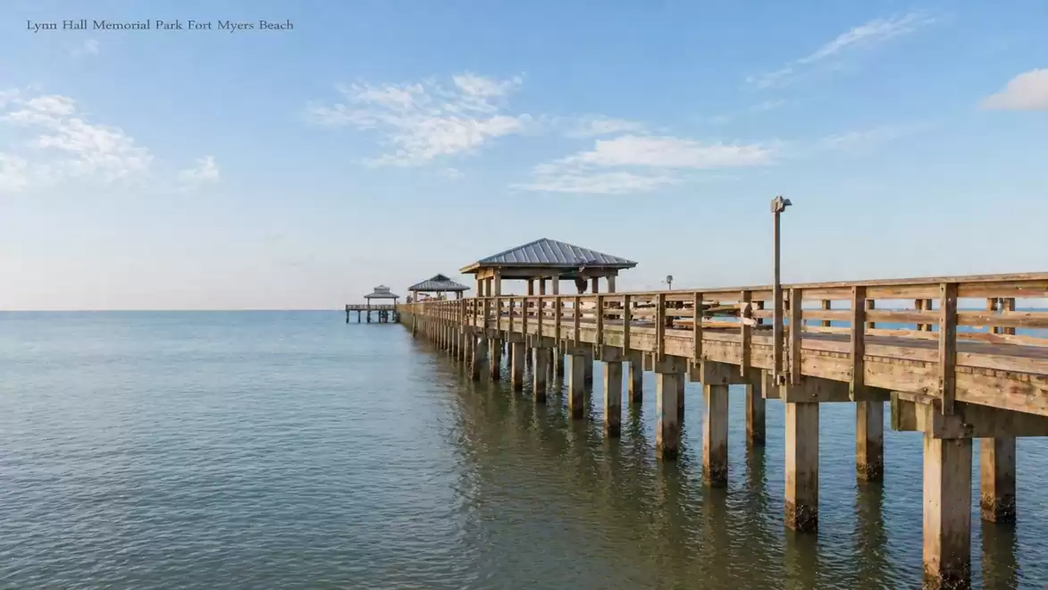A long wooden pier extends into a calm ocean under a blue sky with some clouds.