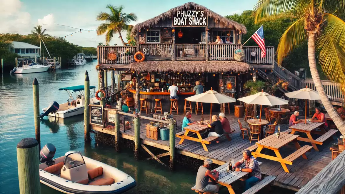 A picturesque beach restaurant with a wooden deck by the water, surrounded by palm trees and boats. People enjoy food and drinks under umbrellas.