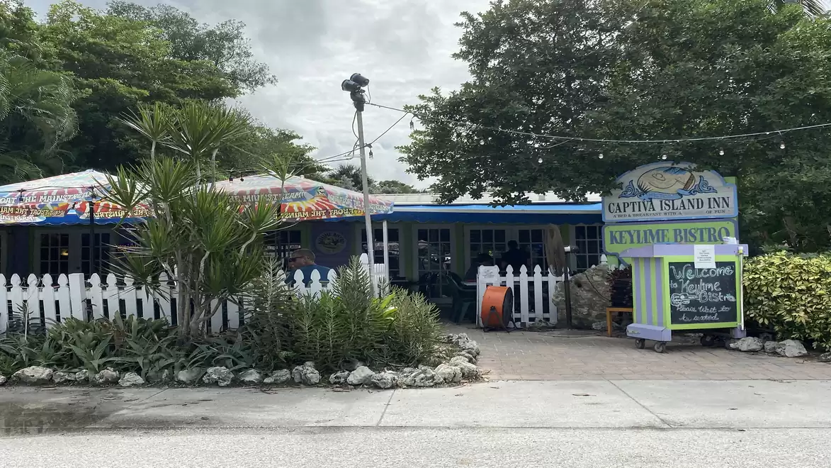 Cozy bistro with colorful umbrellas in a tropical setting.