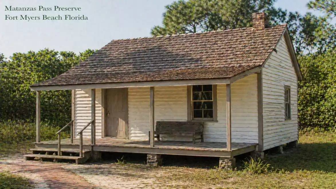 A historic white house with a porch and wooden roof in Matanzas Pass Preserve, Fort Myers Beach, Florida. Surrounded by lush greenery.