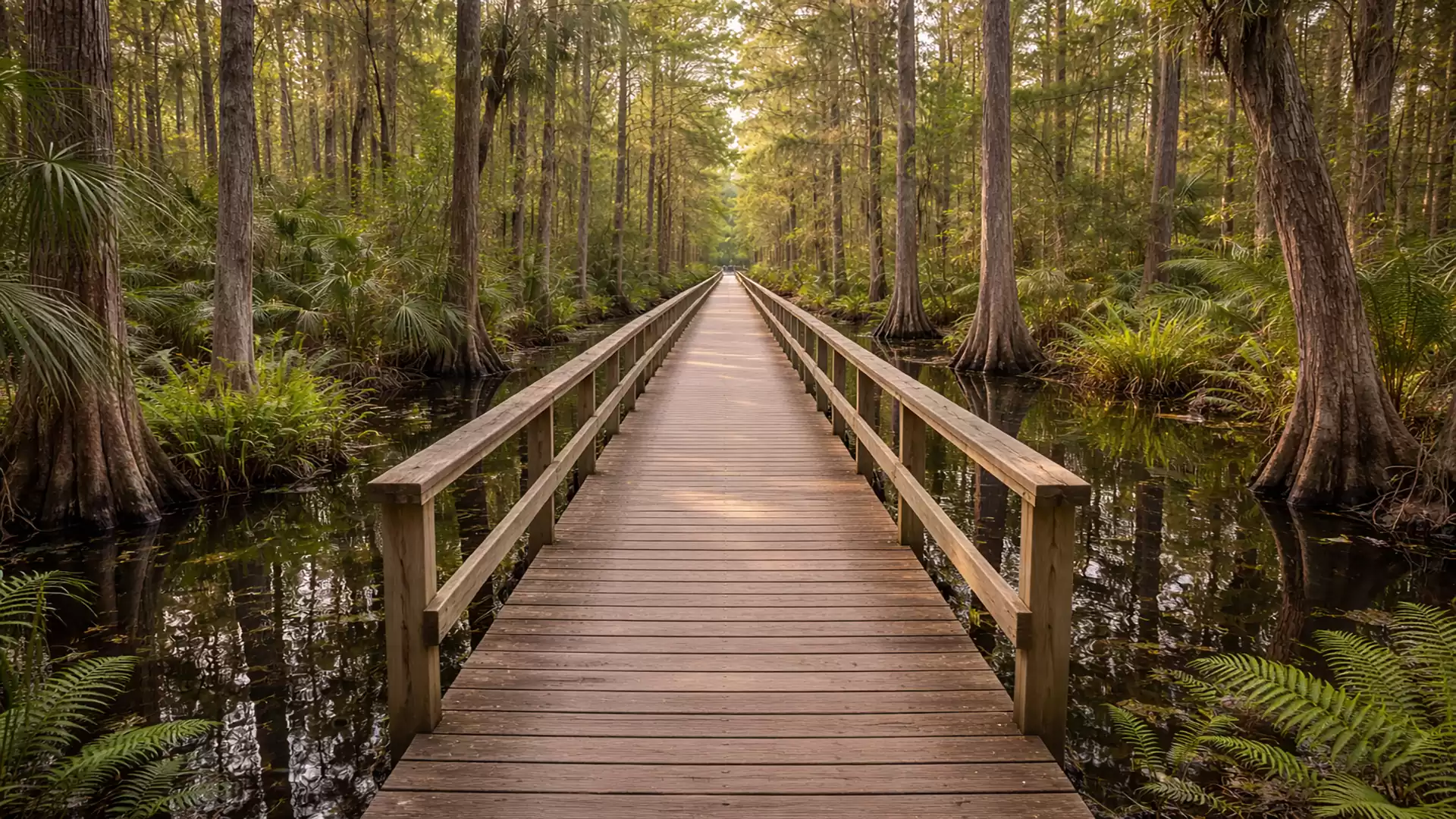A wooden boardwalk stretches through a dense, green forest with tall trees, surrounded by calm water.