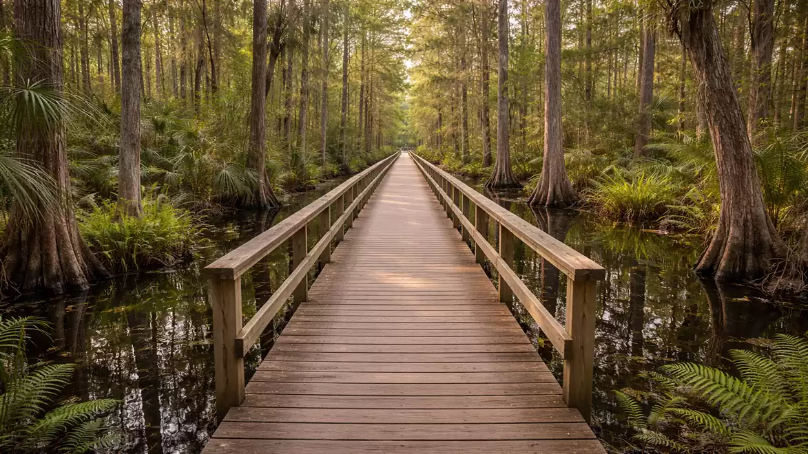 A wooden boardwalk stretches through a dense, green forest with tall trees, surrounded by calm water.