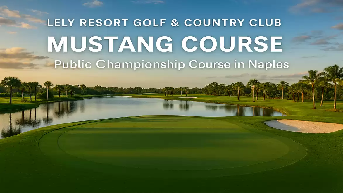 Beautifully designed golf course at Lely Resort Golf & Country Club with water hazards and palm trees under blue sky.