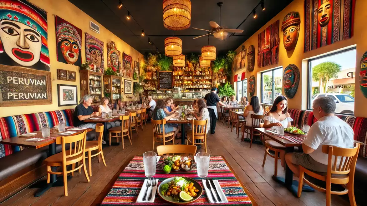 Interior view of a vibrant Peruvian restaurant with colorful wall decorations and guests dining at wooden tables.