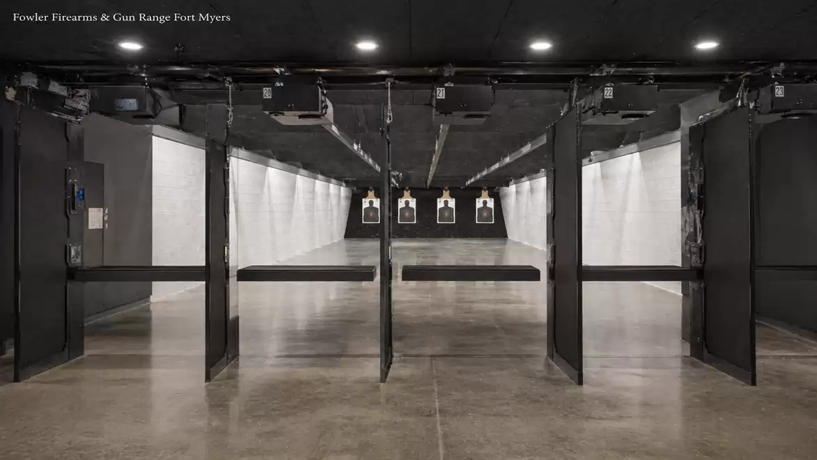 A modern shooting range with multiple shooting lanes and targets in Fort Myers.