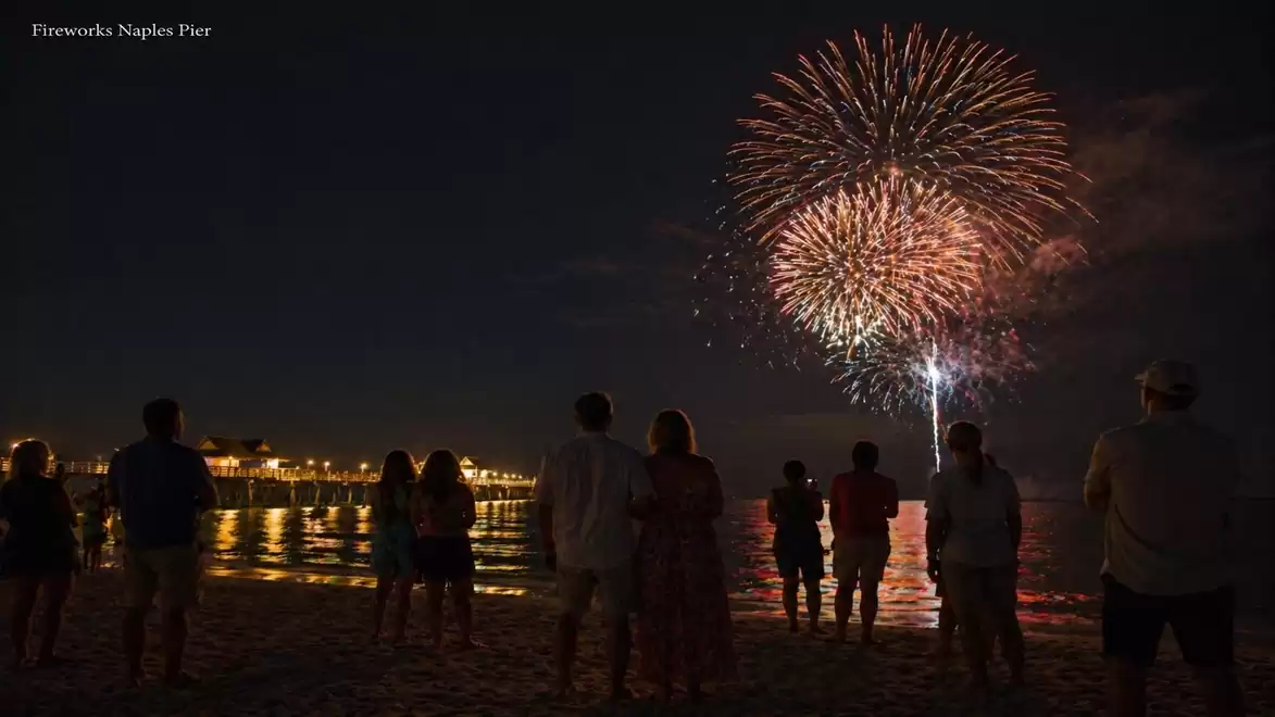 People watching large fireworks on the beach at night, with a pier and lights in the background.