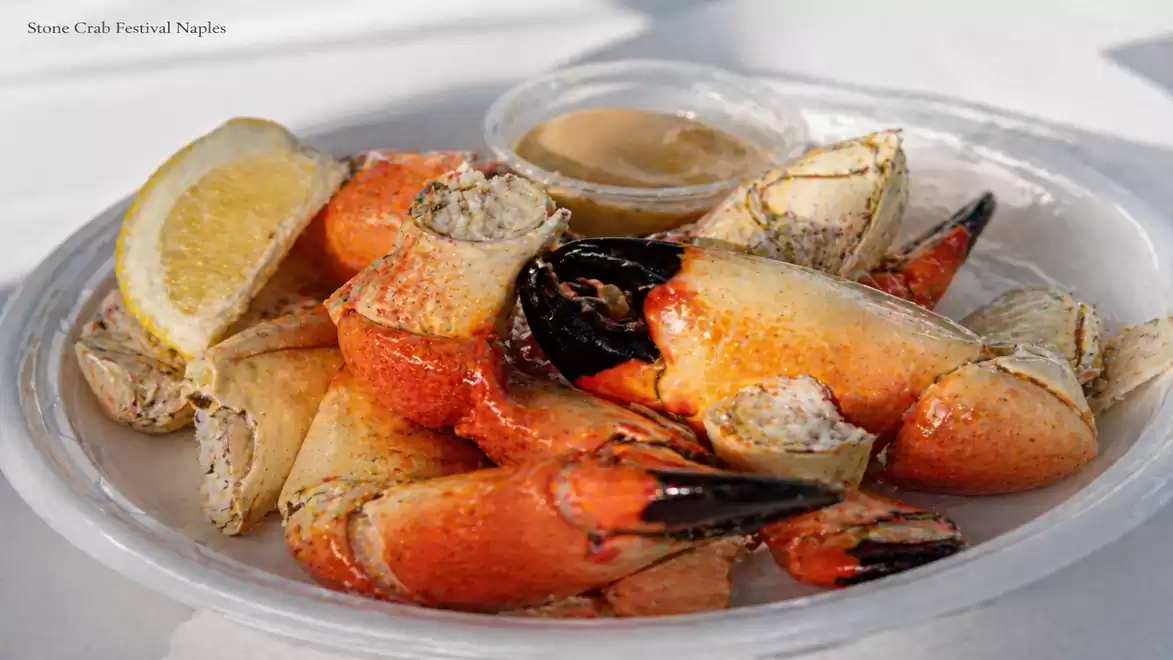 Close-up of stone crab claws served with lemon wedges on a white plate at a festival in Naples.