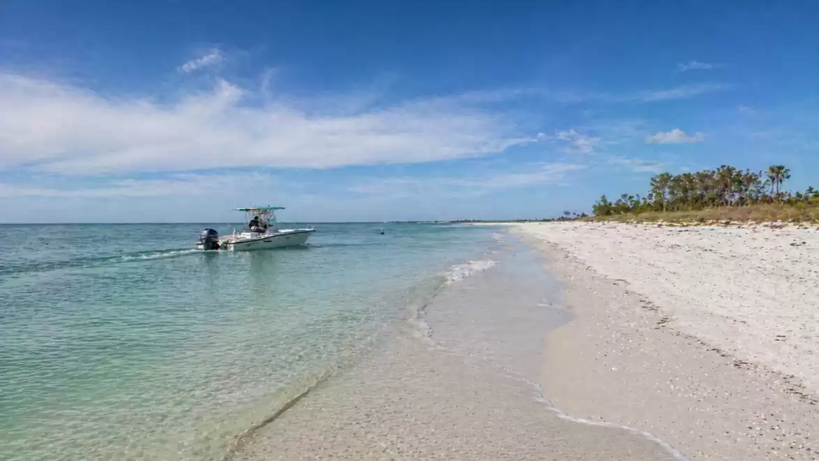 A boat travels on clear water along a sandy beach under a bright blue sky.