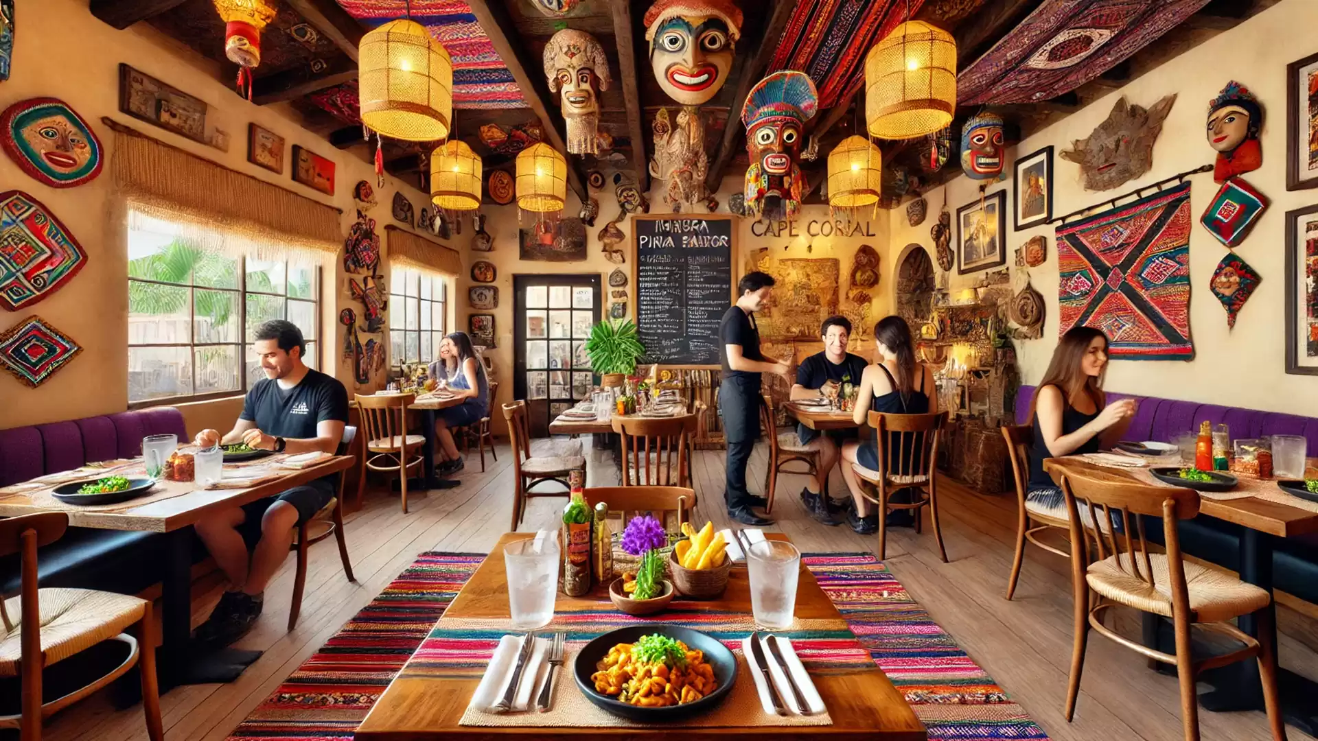 Colorful Mexican restaurant with traditional decor, wall masks, and guests dining at wooden tables.