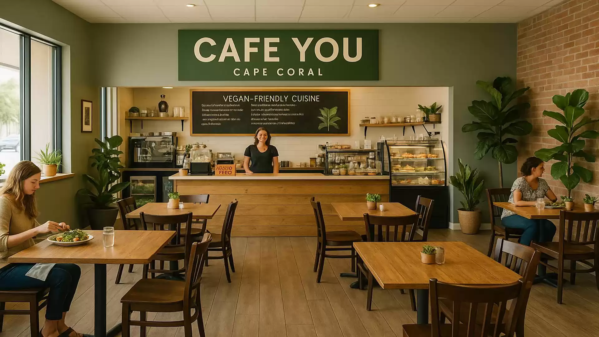 A cozy cafe named 'Cafe You' in Cape Coral with a vegan-friendly menu. Several people are seated at wooden tables, while a person stands behind the counter in the background.