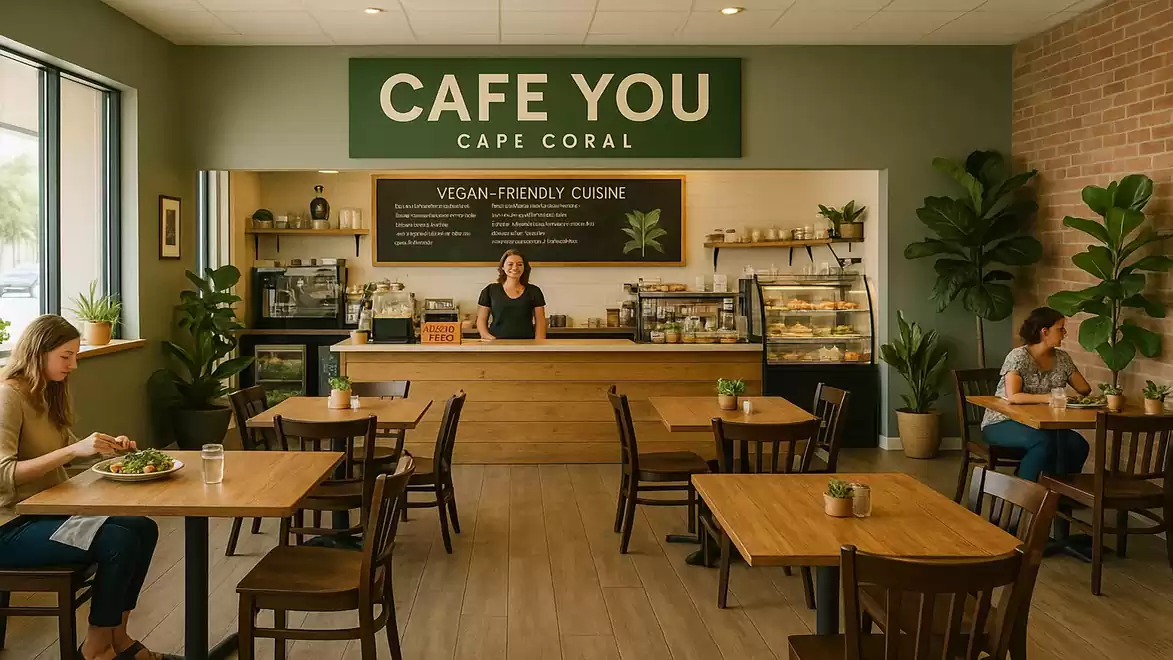A cozy cafe named 'Cafe You' in Cape Coral with a vegan-friendly menu. Several people are seated at wooden tables, while a person stands behind the counter in the background.