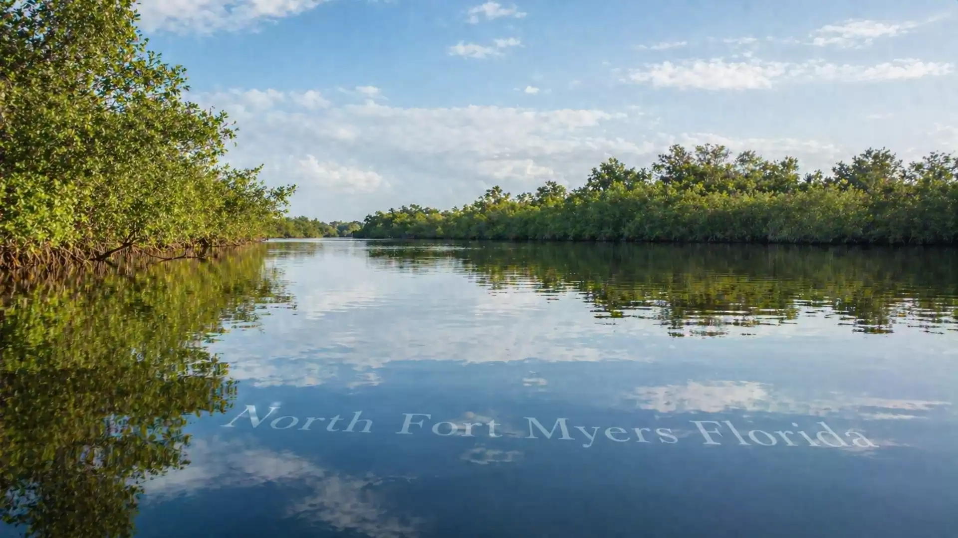 Serene river in North Fort Myers, Florida, surrounded by dense vegetation under a cloudy sky.