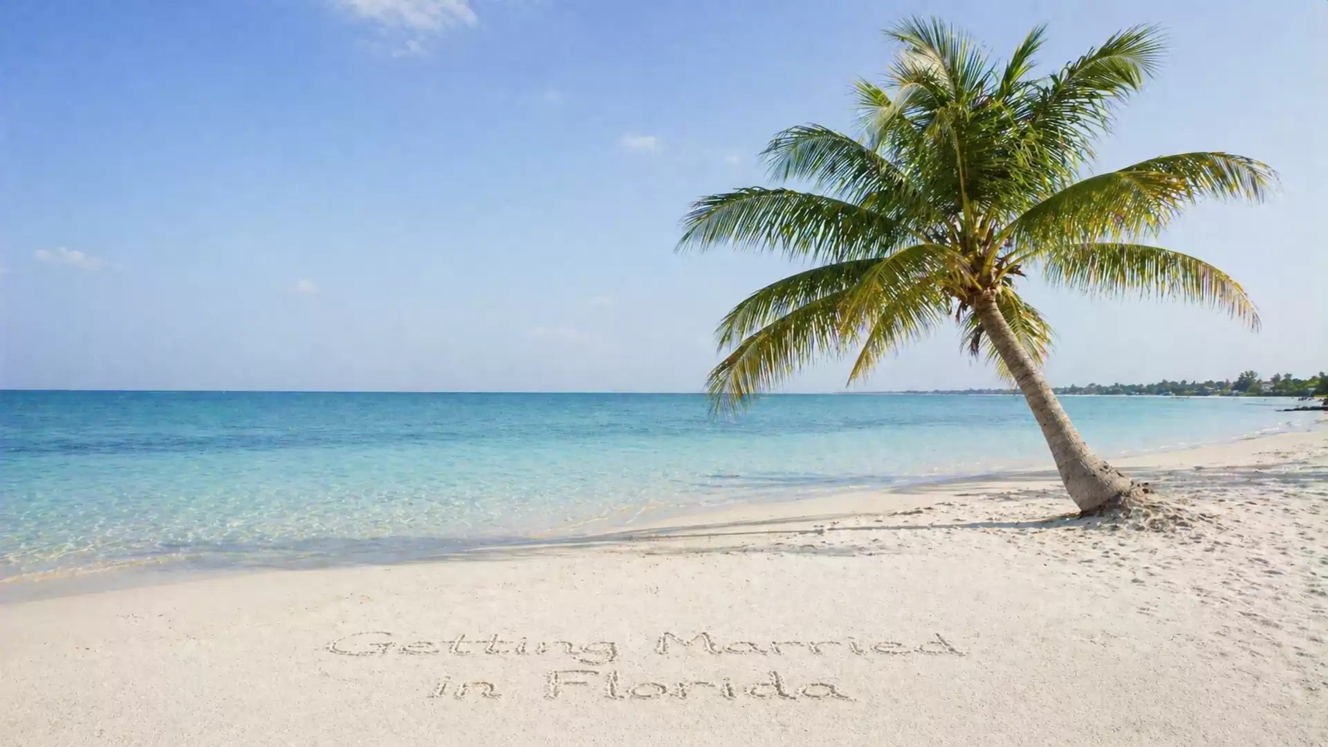 Beach in Florida with a palm tree and the inscription 'Getting Married in Florida' in the sand.