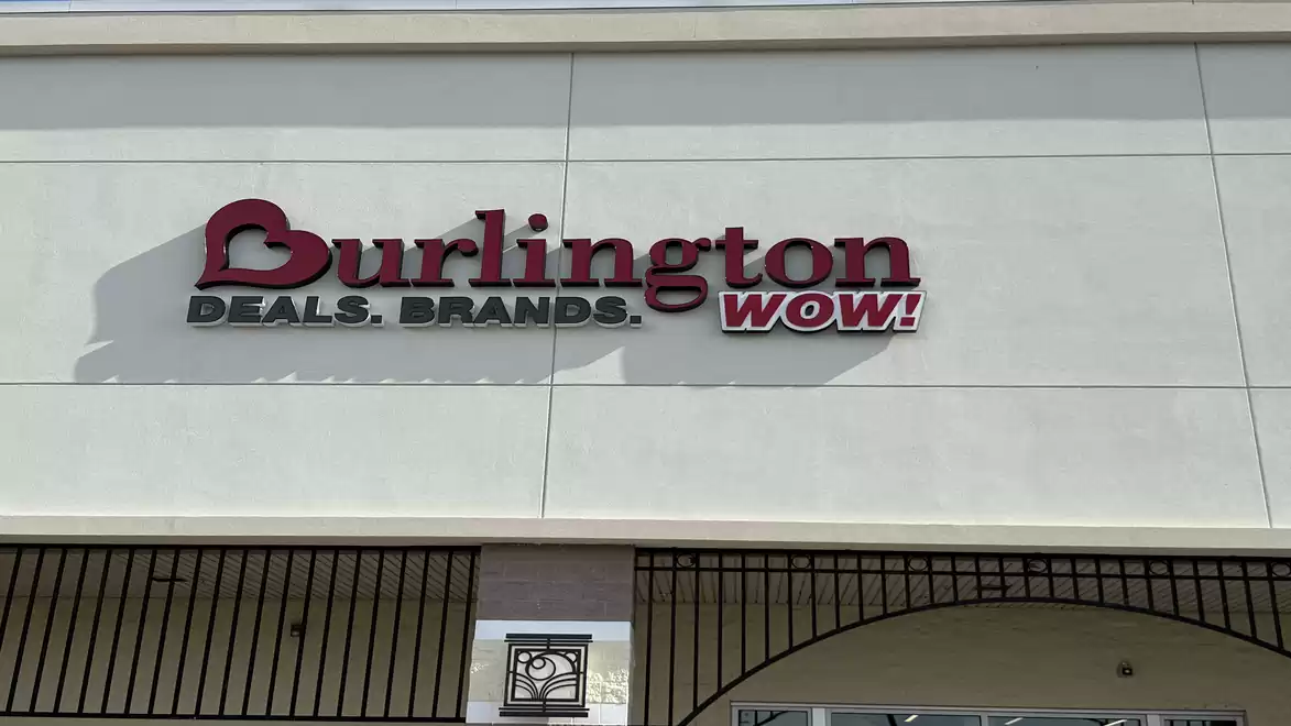 Entrance of Burlington with sign 'Deals. Brands. Wow!'