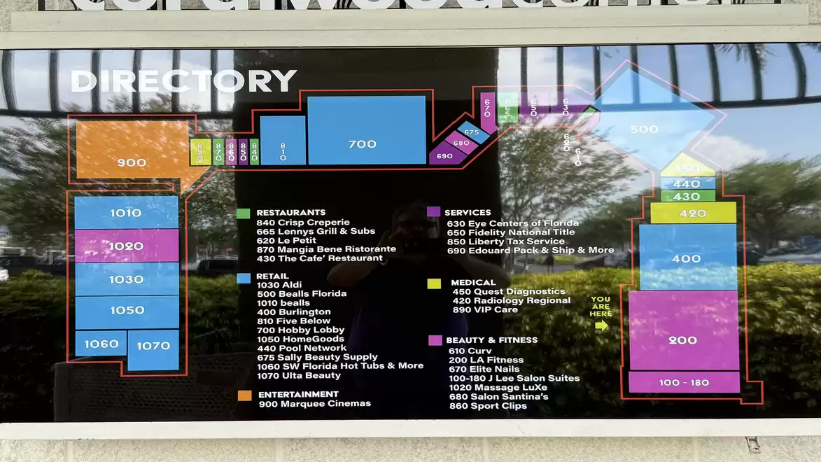 A black directory sign with colorful sections displays various shops and services in a shopping center. It includes restaurants, retail, entertainment, services, medical, and beauty & fitness.