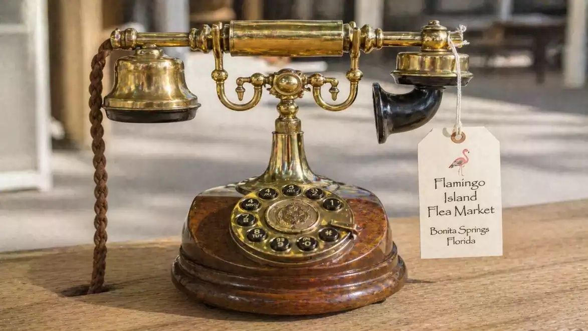 An antique phone with a rotary dial and a note advertising the Flamingo Island Flea Market in Bonita Springs, Florida.